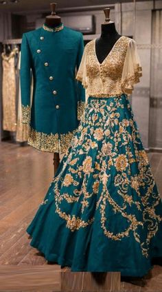 Zari and Resham Work Teal Green and Golden Beautiful Couple Dress Latest Bridal Lehenga Designs, Indian Bridesmaid Dresses, Bridal Lehenga Designs, Latest Blouse Designs Pattern, Couple Matching Outfits, Wedding Lehengas, Resham Work, Designer Bridal Lehenga