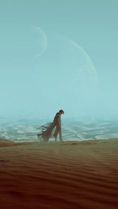 a man walking across a desert covered in sand next to a giant moon and distant planet