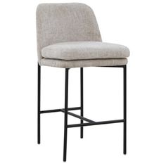 an upholstered bar stool with black legs and a light gray fabric backrest