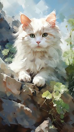 a painting of a white cat sitting on top of a tree branch with green leaves