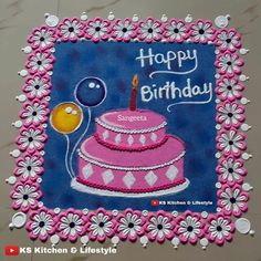 a birthday card with a pink cake and balloons