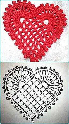 crocheted doily in the shape of a heart, and another photo of an embroidered doily