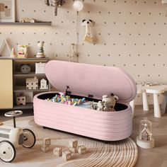 a pink toy box filled with lots of toys