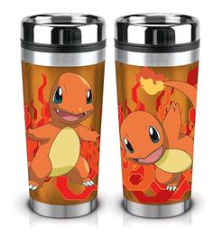 two travel mugs with the same image on them, one has a pikachu and