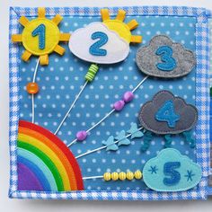 a close up of a small patch with numbers and clouds on it, surrounded by rainbows