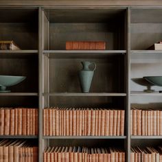 books and vases on shelves in a room