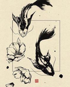 two black and white koi fish with flowers