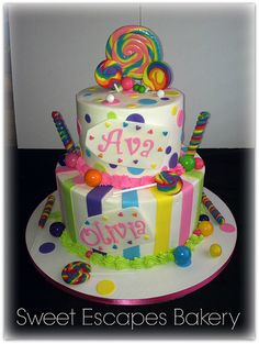 a birthday cake decorated with candies and lollipops