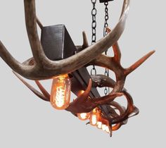 an antler's head hanging from a chandelier with light bulbs in it