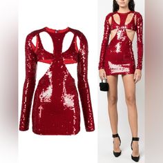 Never Used,Nwt. Size:M Laquan Smith Sequined Cut-Out Mini Dress Shimmering With Sequins, This Sleek Minidress Features Sculptural Cut Outs At The Bodice And Waist. Roundneck Long Sleeves Back Zip Closure Cut Outs At Bodice 100% Polyester Lining: 95% Silk/5% Elastane Dry Clean Made In Usa Size & Fit Bodycon Silhouette Luxury Embellished Red Dresses, Designer Fitted Mini Dress For Party, Designer Mini Length Party Dresses, Luxury Fitted Red Carpet Dresses, Designer Mini Party Dress, Luxury Red Party Dresses, Red Embellished Dress For Date Night, Designer Red Party Dress, Designer Fitted Red Dress