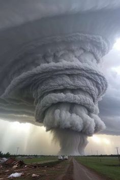 a large tornado cloud is seen over a dirt road