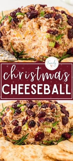 christmas cheeseball on crackers with text overlay