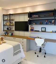 a bed room with a neatly made bed and a tv mounted on the wall above it