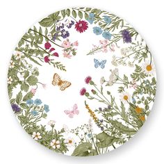 a white plate with colorful flowers and butterflies on the front, surrounded by greenery