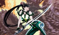 a woman dressed in green holding two swords and posing for the camera with flames behind her