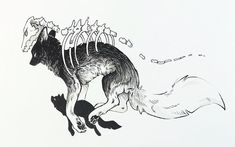 a drawing of a dog with bones in it's back legs and tail, running through the air