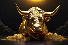 a gold bull statue sitting in front of a bright light