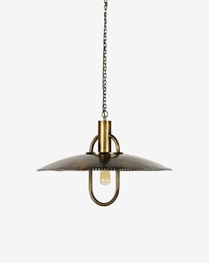 an antique brass pendant light with chain hanging from the ceiling, on a white background