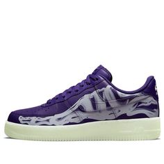 Introducing the Nike Air Force 1 '07 Purple Skeleton! This stylish take on the classic Air Force 1 features a graphic of a skeletal human foot on both side panels, rendered in a bold violet hue. The tongue tag and heel tab are crafted from smooth leather, while the lace jewels are in a glow-in-the-dark finish. The cupsole is also translucent and luminescent, adding an extra touch of style to this already impressive sneaker. Whether you're hitting the court or just cruising around town, the Nike Nike Sb Adversary, Purple Nike Shoes, Purple Tennis Shoes, Purple Skeleton, Lavender Shoes, Nike Shox For Women, Nike Shoes Air Force, Nike Air Force 1 High, White Nike Shoes