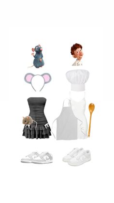 an assortment of food items including a mouse, aprons and other things to eat