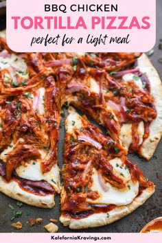 bbq chicken tortilla pizzas are perfect for a light meal with only three ingredients