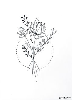 a black and white drawing of some flowers