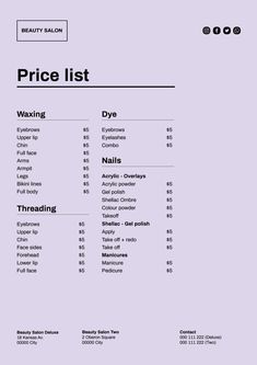 Free Elegant Pro Beauty Salon Price List template Nail Shop Price List, Salon Price List Ideas, Nail Price List Ideas, Purple Beauty Salon, Nail Price List, Photographers Price List, Beauty Salon Price List, Dye Eyebrows, Price List Design