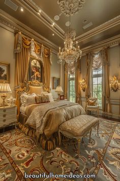 an ornate bedroom with chandelier and large bed