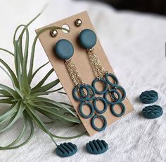 a pair of blue earrings sitting on top of a table next to an air plant