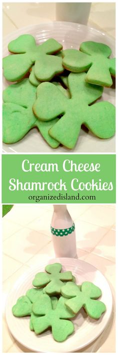 some green shamrock cookies on a white plate