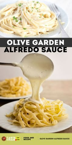 an image of a plate of food with sauce being poured on it and the words olive garden alfredo sauce