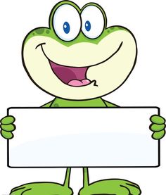 a cartoon frog holding a sign and smiling