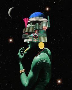 a man with green skin and an elaborate headdress is standing in front of the moon