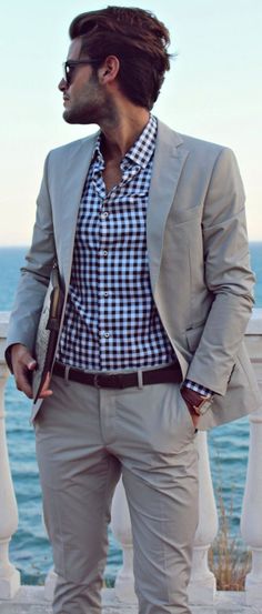 - More about men’s fashion at @Gentleboss- GB’s Facebook - Gentleman Mode, Mens Fashion Magazine, Gingham Shirt, Cooler Look, Sharp Dressed Man, Summer Suits, Fashion Business, Well Dressed Men, Men Shirt Style