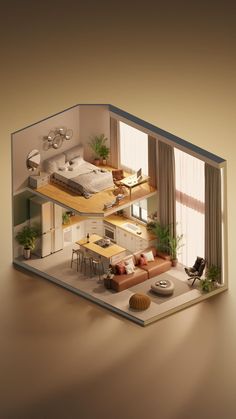 a model of a living room and bedroom in a house with an open floor plan