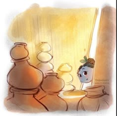 a drawing of a little boy looking at some vases on a table with a candle in front of him