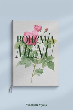 a book cover with flowers on it and the words rohema menu written in cursive writing