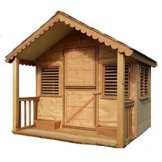 a small wooden cabin with shutters on the side