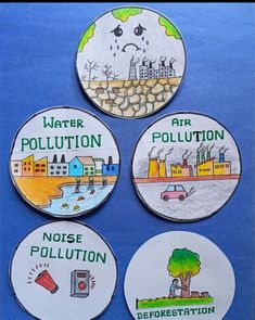 four badges with different types of pollution on them