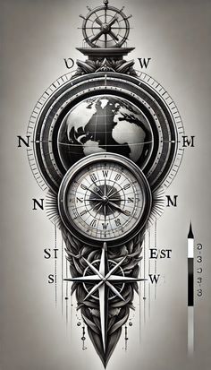 a black and white drawing of a compass with a world map on the front side