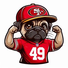 a pug dog wearing a football uniform and holding his fist up to the side