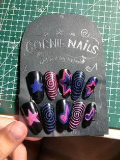 Nail Inspo 10-12, Nirvana Nail Design, Dark Grunge Nail Ideas, Scene Nails Simple, Scene Acrylic Nails, Tv Girl Inspired Nails, Xplr Nails, Tv Girl Nails Design, Music Inspired Nails