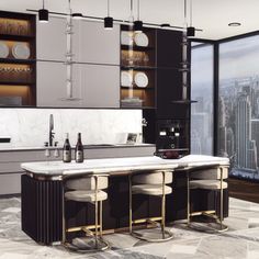 a kitchen with marble counter tops and bar stools in front of a large window