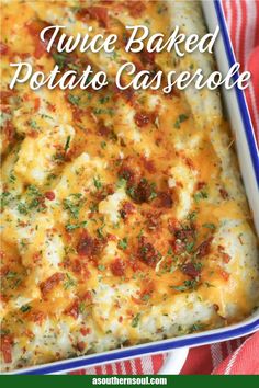 twice baked potato casserole in a blue dish on a red and white towel