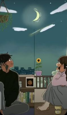 two people sitting on a balcony at night talking on their cell phones, with the moon in the background