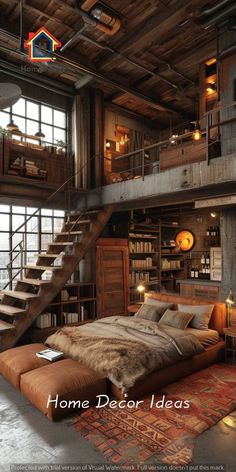 a bed sitting in the middle of a bedroom next to a book shelf filled with books