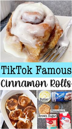 there is a cinnamon roll with icing on the top and other food items around it