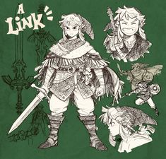 an image of some character designs for the game link, which is drawn in pen and ink