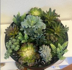 an arrangement of succulents in a bowl on a table