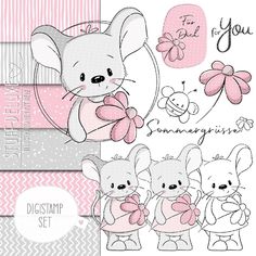 some cute little mouses with pink and gray designs